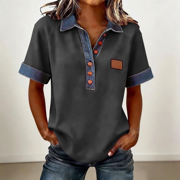 Xdegoge Shirts for Women Collared Short Sleeve Casual Workwear Loose Fit Contrast Denim Detail Button Up Front Breathable Stretchy Summer Spring Tops