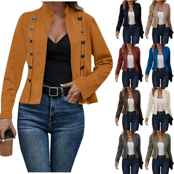 Xdegoge Short Jackets for Women Classic Faux Suede Jackets Vintage Double Breasted Coat Stand Collar Plus Size Coats Stylish Trendy Lightweight Outerwear