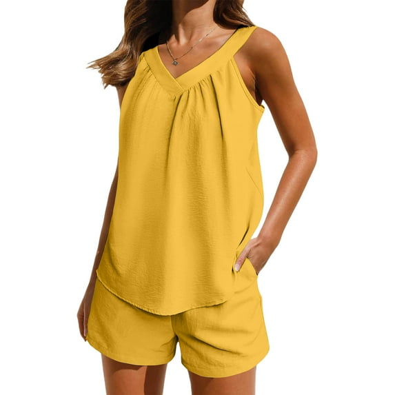 Xdegoge Short Sets for Women 2 Piece Beach Vacation Outfits V Neck Tank Tops Drawstring Shorts Lightweight Summer Matching Sets Loose Casual Clothes Recent Orders Recent Orders