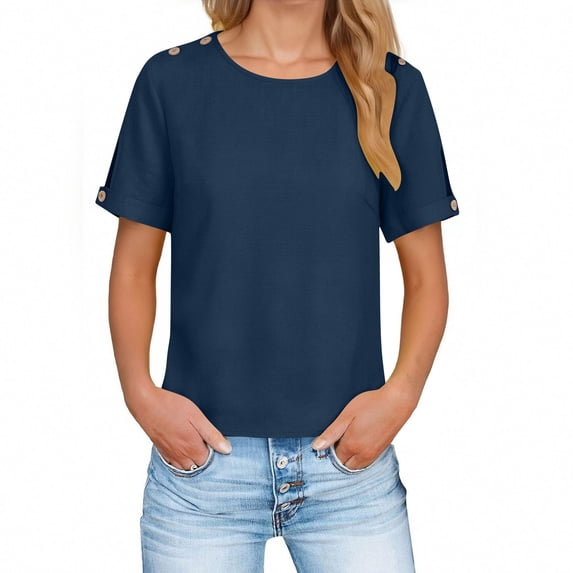 Xdegoge Short Sleeve Blouses for Women Cotton Linen Tops Casual Crewneck Pullover Shirts with Shoulder Button Details Loose Fit Lightweight Summer Spring Daily Work Wear