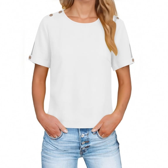 Xdegoge Short Sleeve Blouses for Women Cotton Linen Tops Casual Crewneck Pullover Shirts with Shoulder Button Details Loose Fit Lightweight Summer Spring Daily Work Wear