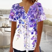 Short Sleeve Floral Blouses for Women V Neck Button Up Shirts Dressy Casual Stretchy Comfy Fashion Summer Tops Tunic Boho Vacation T shirt