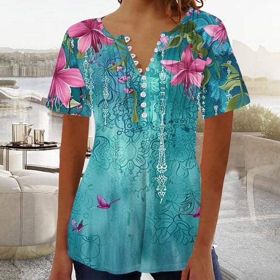 Xdegoge Short Sleeve Floral Blouses for Women V Neck Button Up Shirts Dressy Casual Stretchy Comfy Fashion Summer Tops Tunic Boho Vacation T shirt
