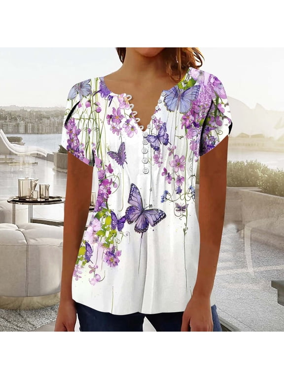 Short Sleeve Floral Blouses for Women V Neck Button Up Shirts Dressy Casual Stretchy Comfy Fashion Summer Tops Tunic Boho Vacation T shirt