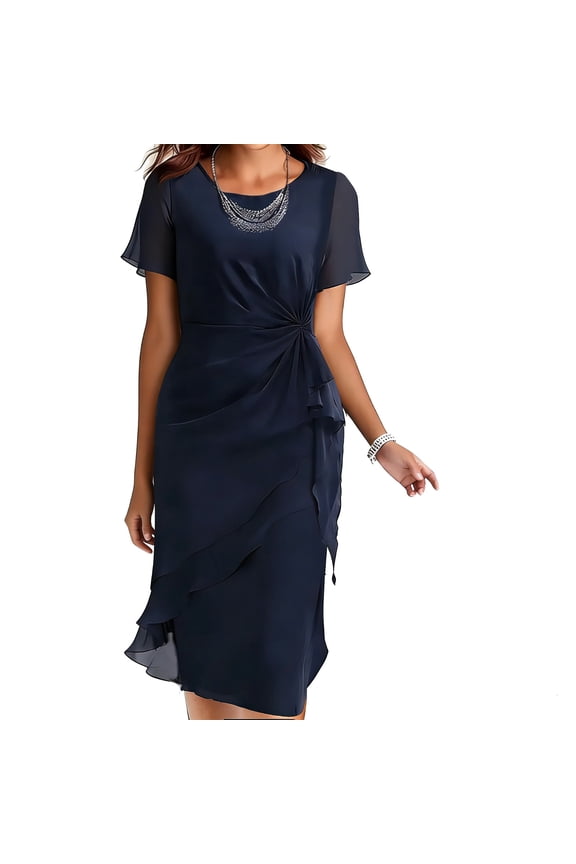 Short Sleeve Midi Dress for Women, Wrap Knot Front Sheath Dresses with Layered Hem, Fitted , Office To Cocktail Wear