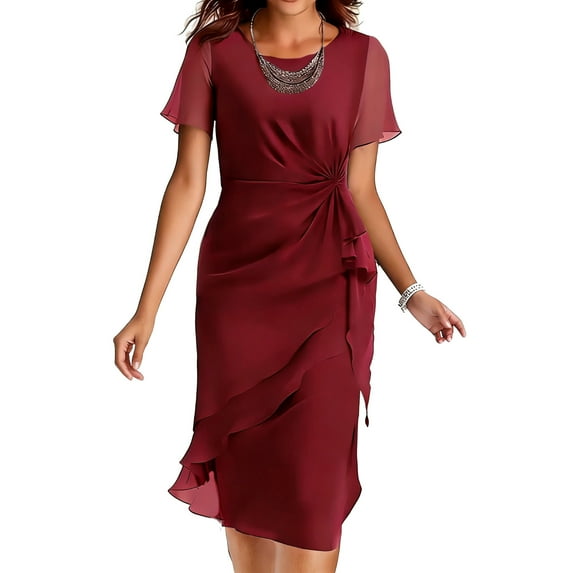 Xdegoge Short Sleeve Midi Dress for Women, Wrap Knot Front Sheath Dresses with Layered Hem, Fitted , Office To Cocktail Wear