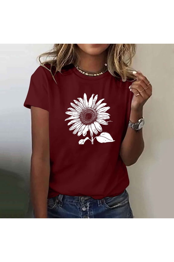 Short Sleeve Tops for Women Casual Botanical Sunflower Line Art Graphic T Shirt Crewneck Short Sleeve Shirts Classic Fit Vintage Outdoor Travel Holiday Basic Tees Wardrobe