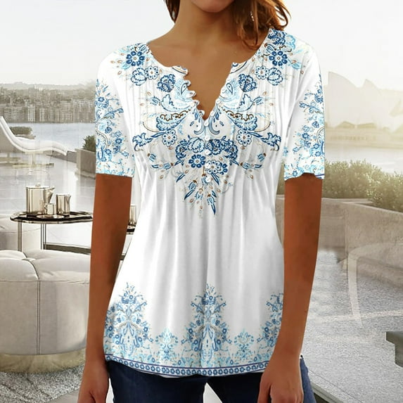Xdegoge Short Sleeve Tops for Women Trendy Floral V Neck Button Down Shirts Boho Summer Shirts 2025 Elegant Casual Going Out Blouses Order History Online ofertas En Ropa, White 5XL