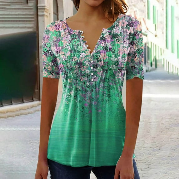 Xdegoge Short Sleeve Tops for Women Trendy Floral V Neck Button Down Shirts Boho Summer Shirts 2025 Elegant Casual Going Out Blouses Order History Online ofertas En Walmart Clearance Ropa, Green S