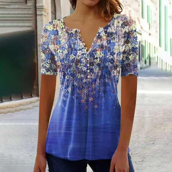 Xdegoge Short Sleeve Tops for Women Trendy Floral V Neck Button Down Shirts Boho Summer Shirts 2025 Elegant Casual Going Out Blouses Order History Online ofertas En Walmart Clearance Ropa, Blue 2XL