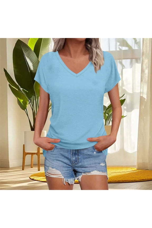 Short Sleeve Tops for Women V Neck Summer Dolman Tunic Solid Basic Blouses Loose Fit Fashion Vacation Beach Comfortable Shirts