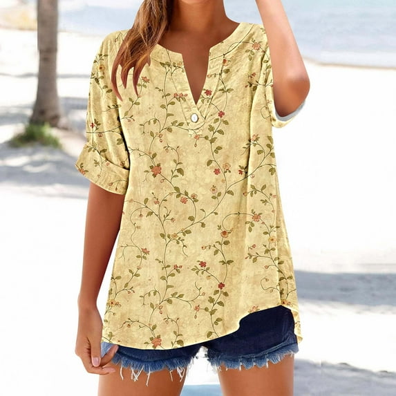 Xdegoge Short Sleeve Womens Tops Plus Size V Neck T Shirt Floral Printed Summer Tunic Tops Oversized Loose Fit Boho Blouses