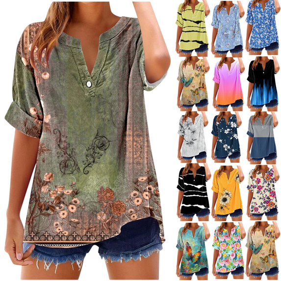 Xdegoge Short Sleeve Womens Tops Plus Size V Neck T Shirt Floral Printed Summer Tunic Tops Oversized Loose Fit Boho Blouses