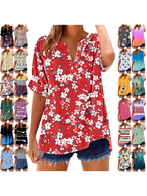Short Sleeve Womens Tops Plus Size V Neck T Shirt Floral Printed Summer Tunic Tops Oversized Loose Fit Boho Blouses