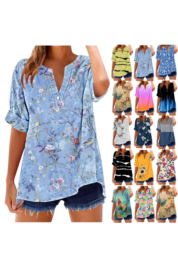 Short Sleeve Womens Tops Plus Size V Neck T Shirt Floral Printed Summer Tunic Tops Oversized Loose Fit Boho Blouses