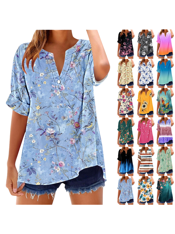 Short Sleeve Womens Tops Plus Size V Neck T Shirt Floral Printed Summer Tunic Tops Oversized Loose Fit Boho Blouses Mothers Day