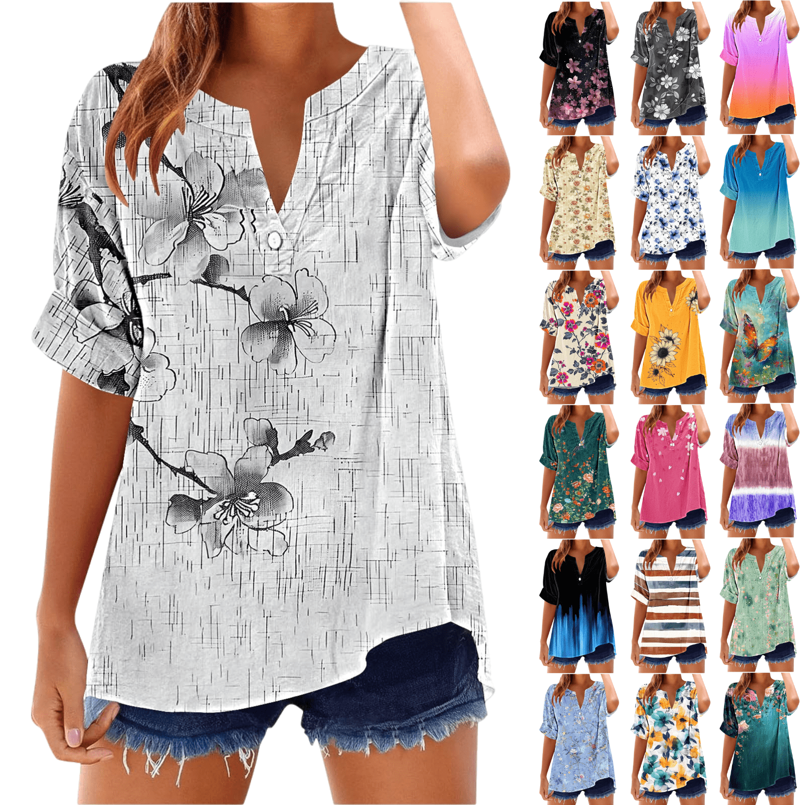 Xdegoge Short Sleeve Womens Tops Plus Size V Neck T Shirt Floral ...