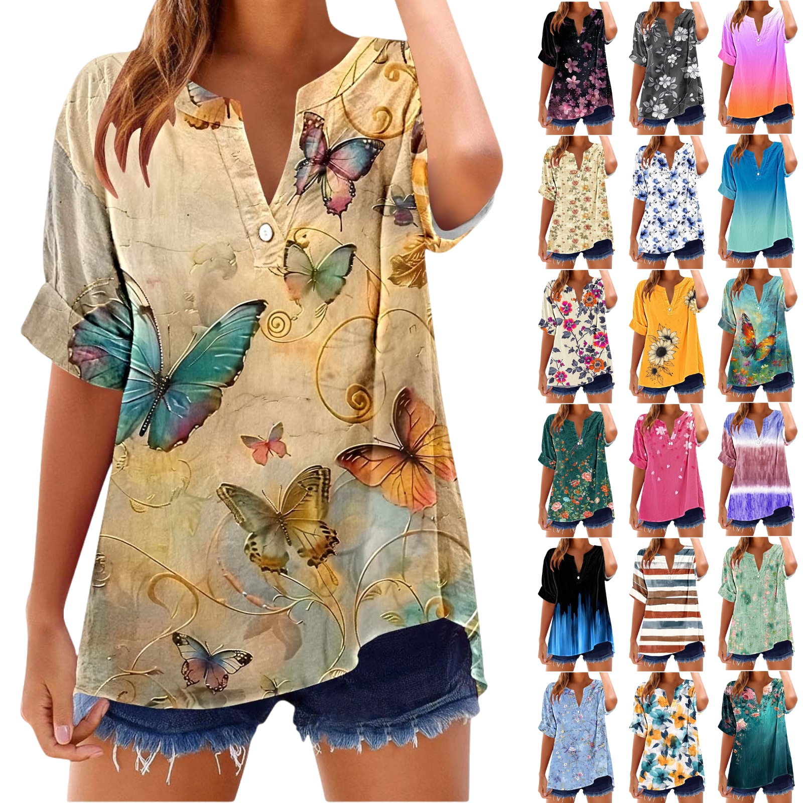 Xdegoge Short Sleeve Womens Tops Plus Size V Neck T Shirt Floral ...