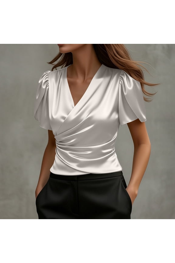 Silk Blouse for Women V Neck Short Puff Sleeve Tops Crossover Ruched Front Tunic Shirt Formal Business Stain Evening Party Elegant Blouses for Spring, Summer