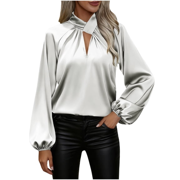 Xdegoge Silk Blouse for Women Long Sleeve Cross Collar Blouses Casual Dressy Office Top Elegant Satin Tops for Spring, Summer