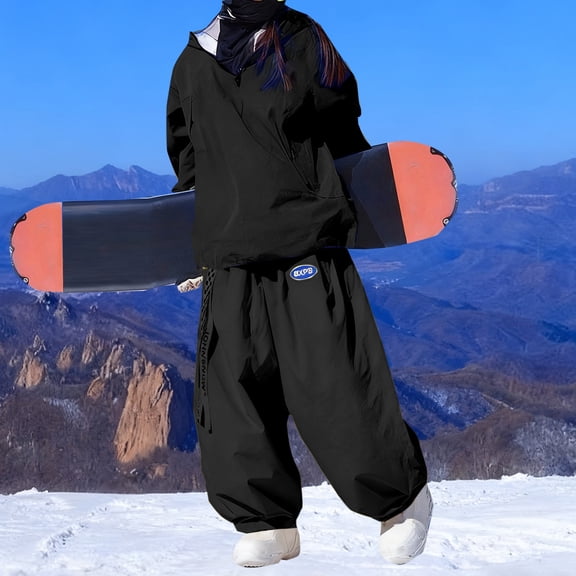 Xdegoge Ski Suit Women 2 Piece Waterproof Windproof Snowsuit Cute Rabbit Ears Pullover Hoodies Jacket Drawstring Waist Baggy Snowpants Thick Winter Warm Snow Suits for Skiing Snowboarding