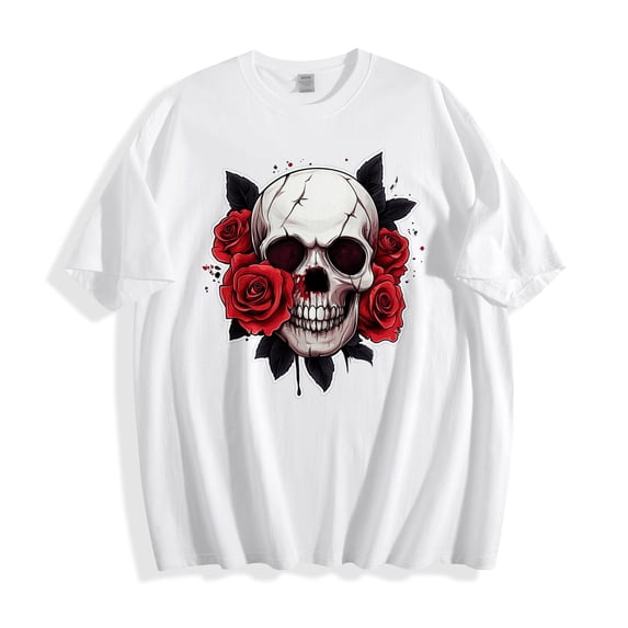 Xdegoge Skull And Red Rose Print Tee for Women Casual Crewneck Short Sleeve Graphic T-Shirt Comfortable Flattering Top Summer Essential for Halloween Gothic Style Lounge
