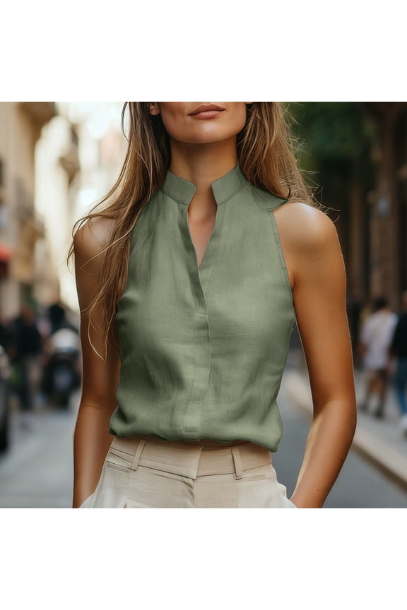 Sleeveless Blouses for Women Cotton Linen High Neck Tank Tops Casual Summer V Cut Out Shirts Elegant Shell Top for Work Office Business Lightweight Vest