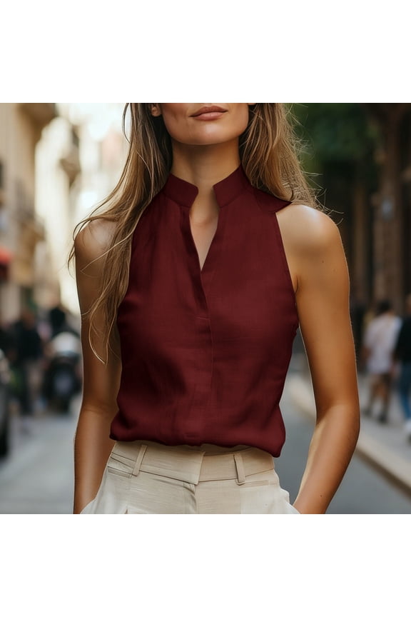 Sleeveless Blouses for Women Mandarin Collar Split V Neck Elegant Business Work office Style Regular Fit Solid Hidden Button Design Flowy Summer Tops