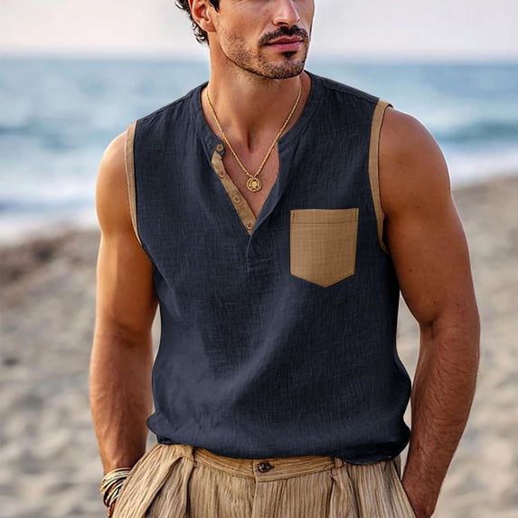 Xdegoge Sleeveless Cotton Linen Shirts for Men Henley V Neck Tank Tops with Chest Pocket Summer Casual Beach Muscle Tee Lightweight Breathable Holiday Party Tops for Men