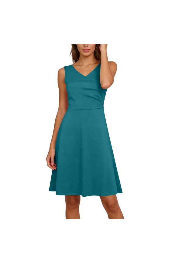 Sleeveless Dresses for Women V Neck Wrap Cross Front Fitted Waist A Line Knee Length Solid Color Casual Party Office Wedding Guest Summer Spring Dress