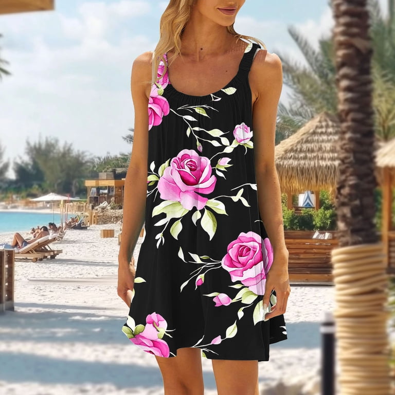 Xdegoge Sleeveless Dresses for Women V Neck Pleated Loose A-Line Knee Length Sundress Floral Printed Beach Party Casual Summer Printed Tank Dress