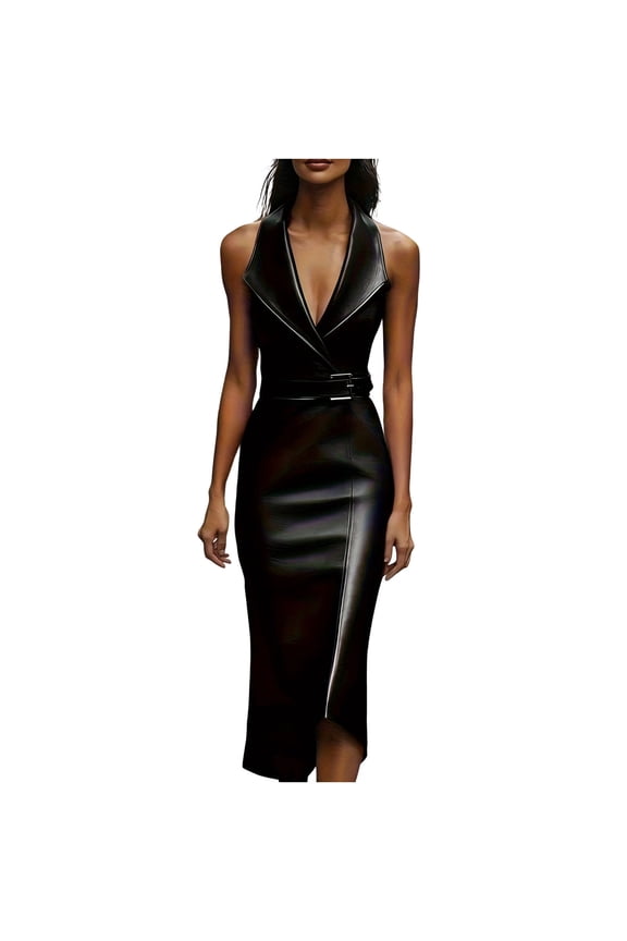 Sleeveless Halter Faux Leather Midi Dress for Women, Deep V Neck Side Slit Dresses with Belt Party and Wedding Guest