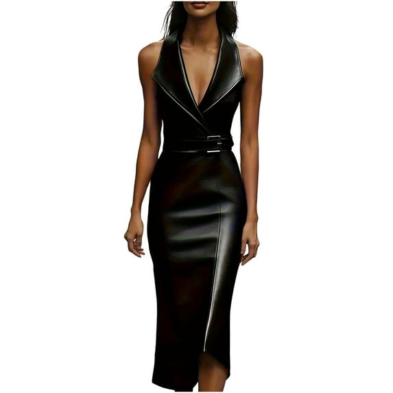Xdegoge Sleeveless Halter Faux Leather Midi Dress for Women, Deep V Neck Side Slit Dresses with Belt Party and Wedding Guest