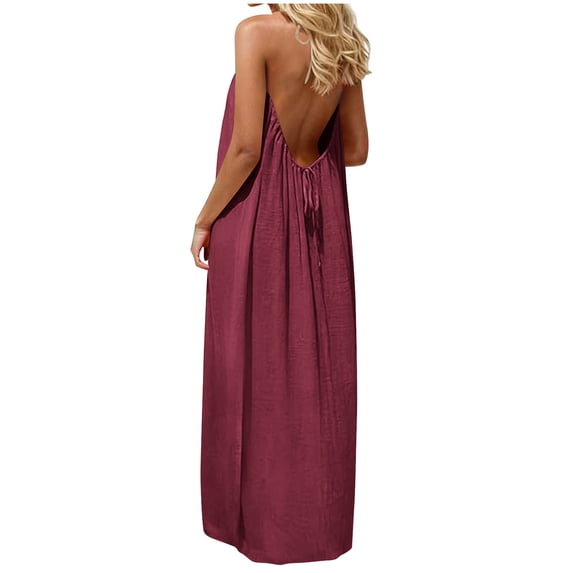 Xdegoge Sleeveless Maxi Dresses for Women Summer Halter Neck Backless Loose A Line Dress Casual Beach Vacation Party Solid Color Flowy Ankle Length Sundress