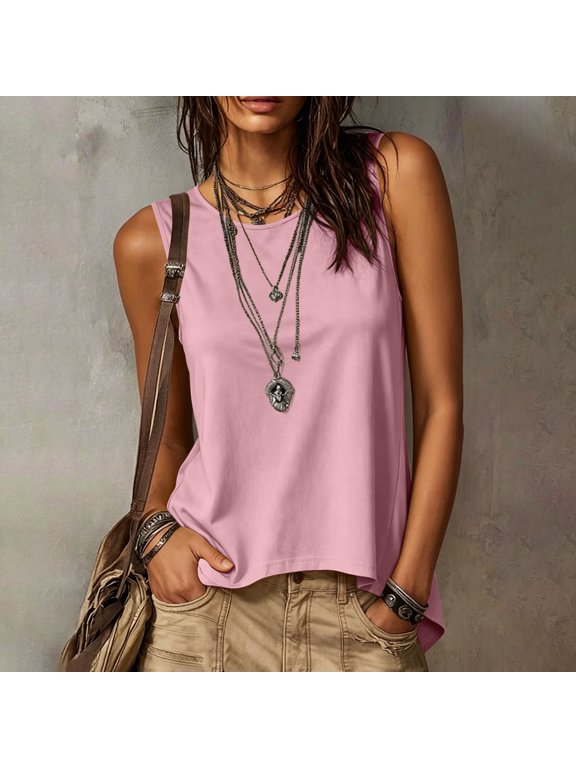 Sleeveless Shirts for Women Casual Crewneck Tank Top High Low Curved Hem Plain Solid Tee Summer Relaxed Loose Blouse Layering Basic Shell Pullover Jersey Tunic