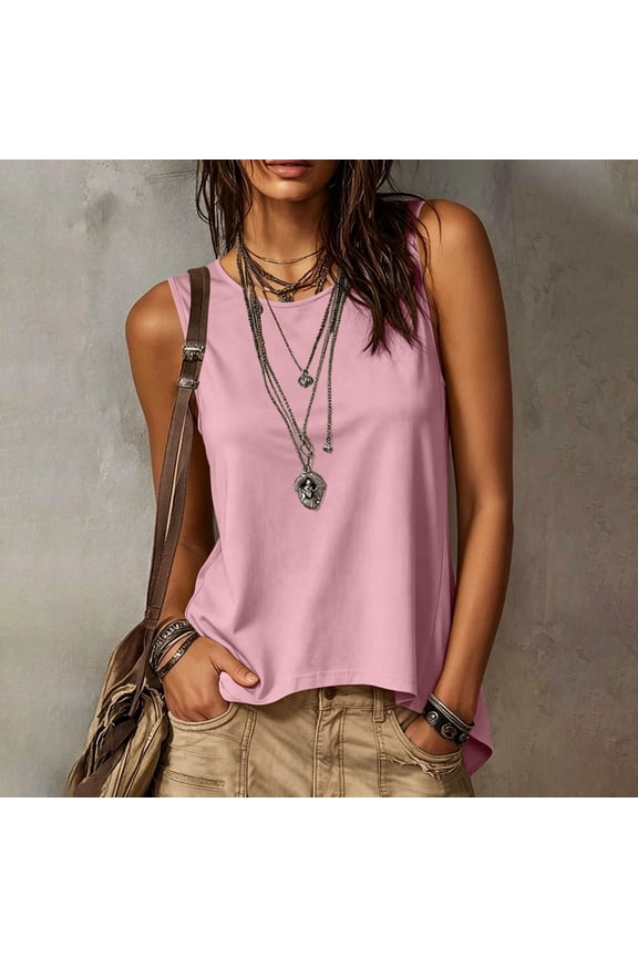 Sleeveless Shirts for Women Casual Crewneck Tank Top High Low Curved Hem Plain Solid Tee Summer Relaxed Loose Blouse Layering Basic Shell Pullover Jersey Tunic