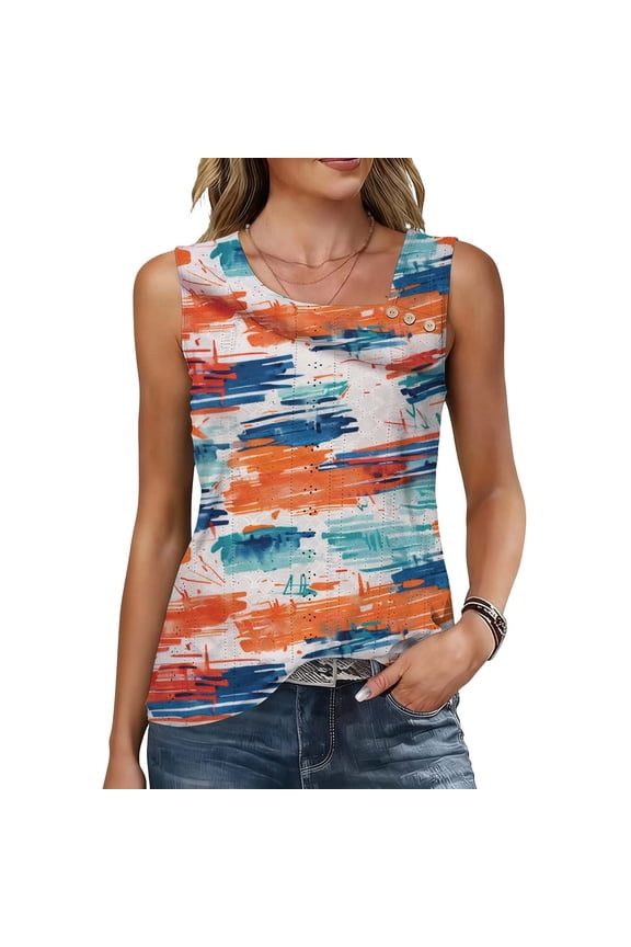 Sleeveless Square Neck Tank Tops for Women Loose Fit Casual Striped Pattern Shirts Asymmetrical Button Detail Blouses Lightweight Summer Daily Wear Basic Tees Flowy