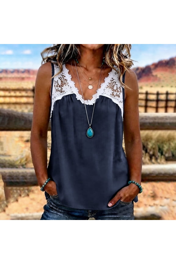 Sleeveless Tops for Women Lace Patchwork Hollow Out Crochet V Neck Gathered Tank Loose Flowy Blouse Casual Tunic Shirt Strappy Camisole Pleat Elegant Shell