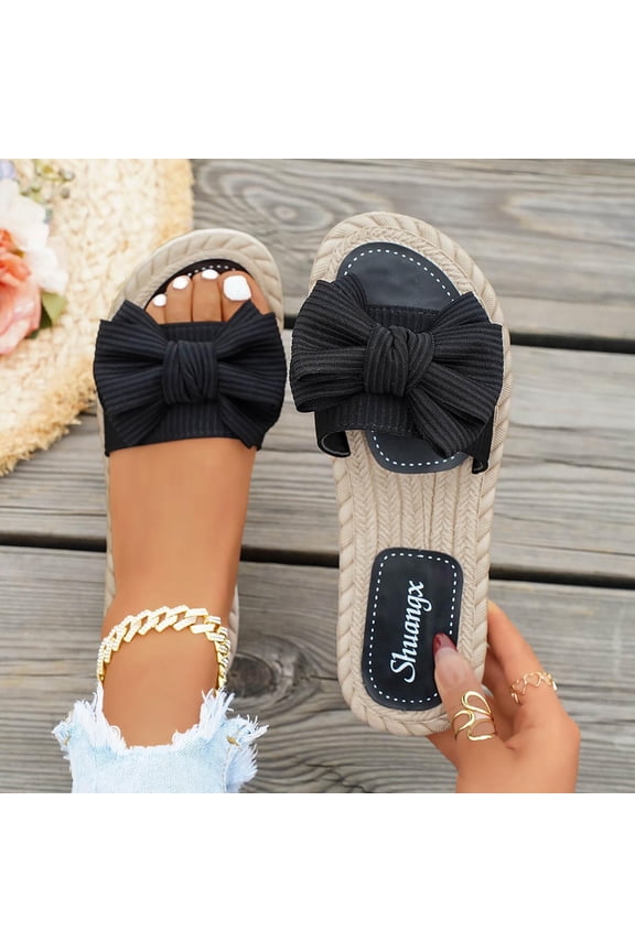 Slide Sandals for Women Flat Slip On Open Toe Cute Ruched Scrunchie Bowknot Decor Casual Summer Beach Vacation Indoor Outdoor Comfortable Shoes
