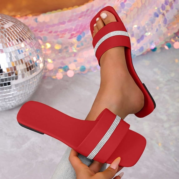 Xdegoge Slides Sandals Women Open Toe Rhinestone Single Band Flat Slides Square Toe Sparkly Crystal Slip On Slippers Casual Poolside Shoes