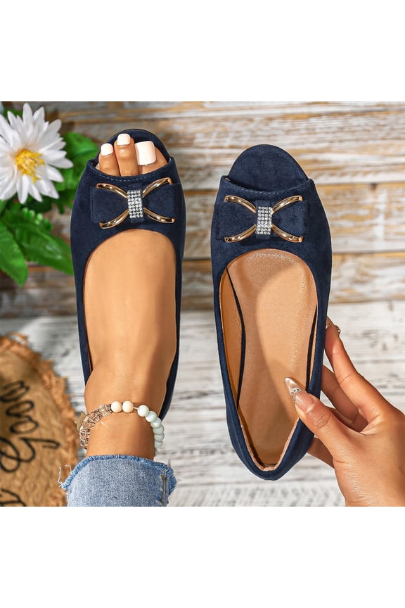 Slip On Flats for Women Peep Toe Elegant Rhinestone Metal Bowknot Hardware Decor Backless Mules Dressy Casual Comfort Summer Walking Shoes
