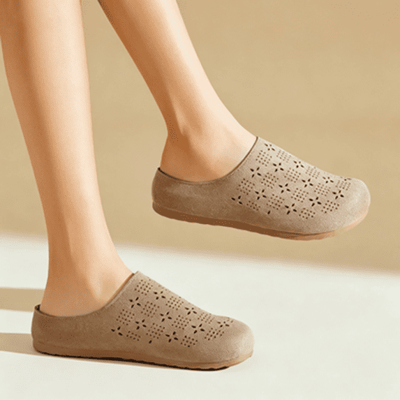 Xdegoge Slip On Shoes for Women Closed Toe Flat Mules Laser Cut Perforated Upper Faux Suede Classic Everyday Walking Casual Fashion Footwear