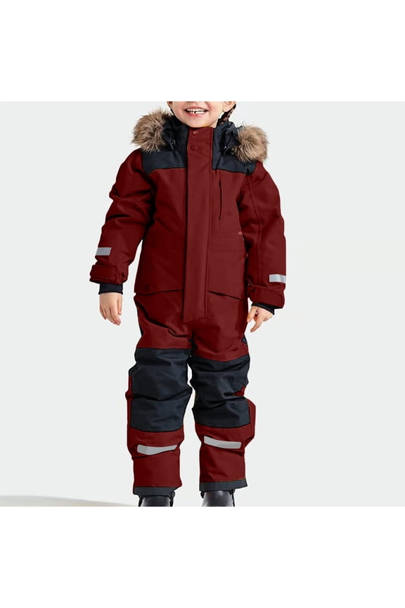 Snow Suit for Kids Boys Girls One Piece Snowsuits Waterproof Windproof Furry Hooded Winter Outdoor Sport Skiing Snowboarding Overalls Loose Warm Ski Suits 80