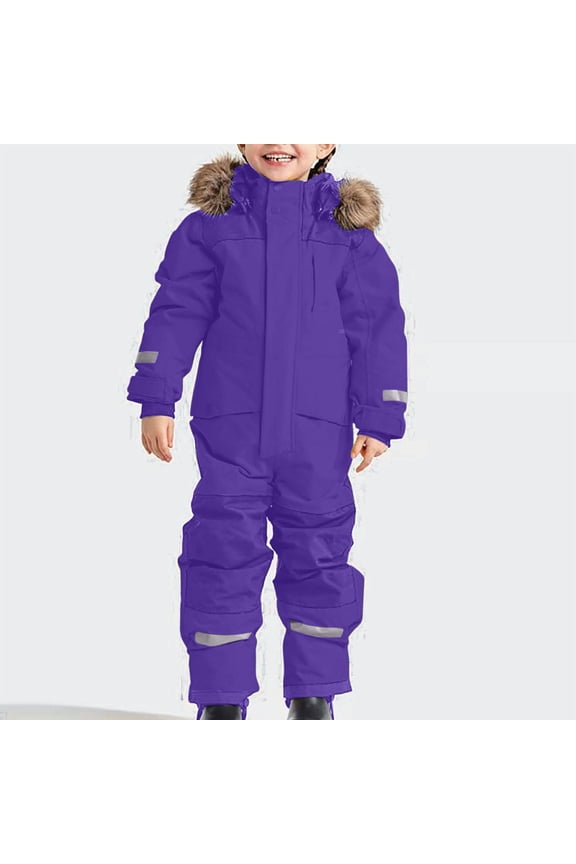 Snow Suit for Kids Boys Girls Winter One Piece Snowsuits Furry Hooded Insulated Waterproof Skiing Jumpsuits Overalls Thicken Warm Coloful Outfits 90