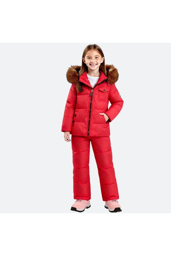 Snowsuit Kids Boys Boys 2 Piece Set Snow Suit Zip Up Furry Hooded Winter Down Coat with Pockets Adjustable Bibs Ski Pants Waterproof Skiing Warm Overalls Colorful Outfits 2-3Years