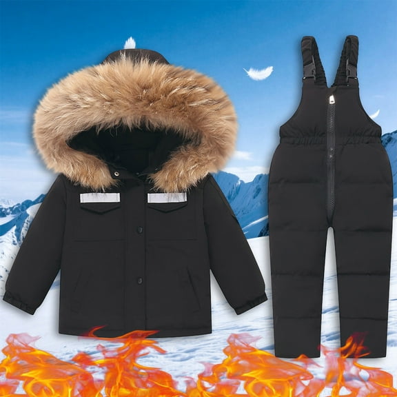 Xdegoge Snowsuit Kids Boys Girls Insulated Waterproof Winter Thicken Furry Hooded Zip Up Jackets Snow Pants Ski Bibs Overalls 2 Piece Set Teen Snowsuits Outdoor Warm Outfits 2 Years