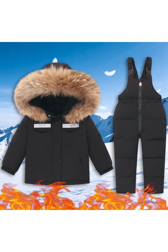 Snowsuit Kids Boys Girls Insulated Waterproof Winter Thicken Furry Hooded Zip Up Jackets Snow Pants Ski Bibs Overalls 2 Piece Set Teen Snowsuits Outdoor Warm Outfits 1 Years