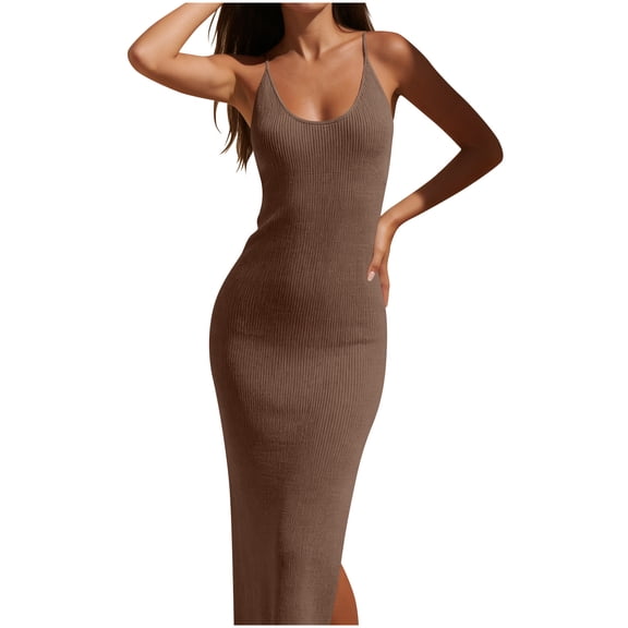 Xdegoge Spaghetti Strap Knit Bodycon Midi Dress for Women, Side Slit Fitted Long Dresses Casual Date Night