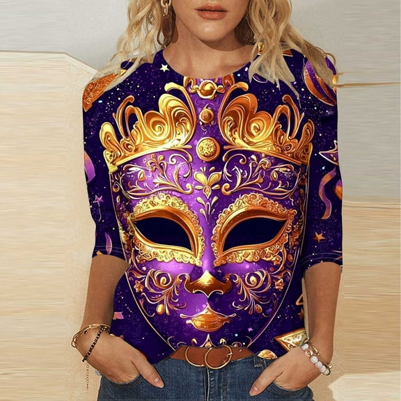 Xdegoge Sparkle Tops for Women Mardi Gras Mask Print 3/4 Sleeve Festival Funny Shirts Crew Neck Casual Pullover Tee Celebration Party Carnival Outfits