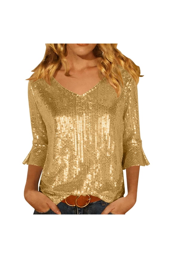 Sparkly Sequin V Neck Tops for Women, 3/4 Flare Sleeve, Shiny Blouse Party, Night Out Club Wear